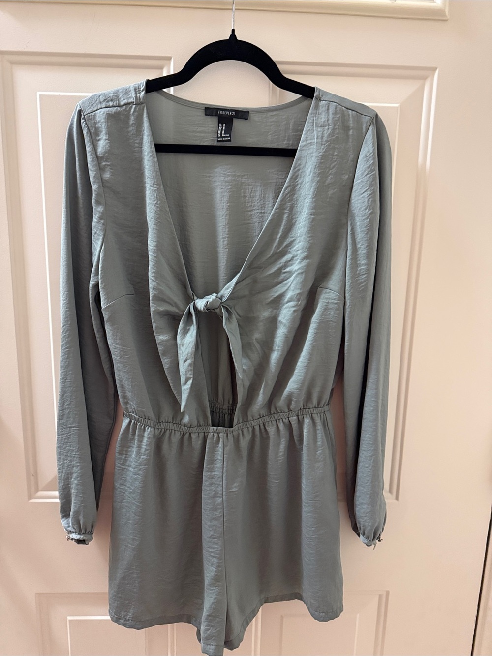 Forever 21 Light Sage Green Long Sleeve Tie-Front Romper